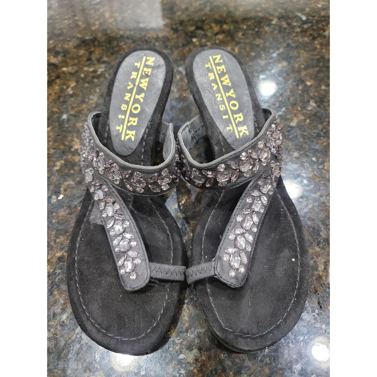 New York Transit Bling Wedge Sandals Womens Size 8M Black Crystal Stone Slip On
