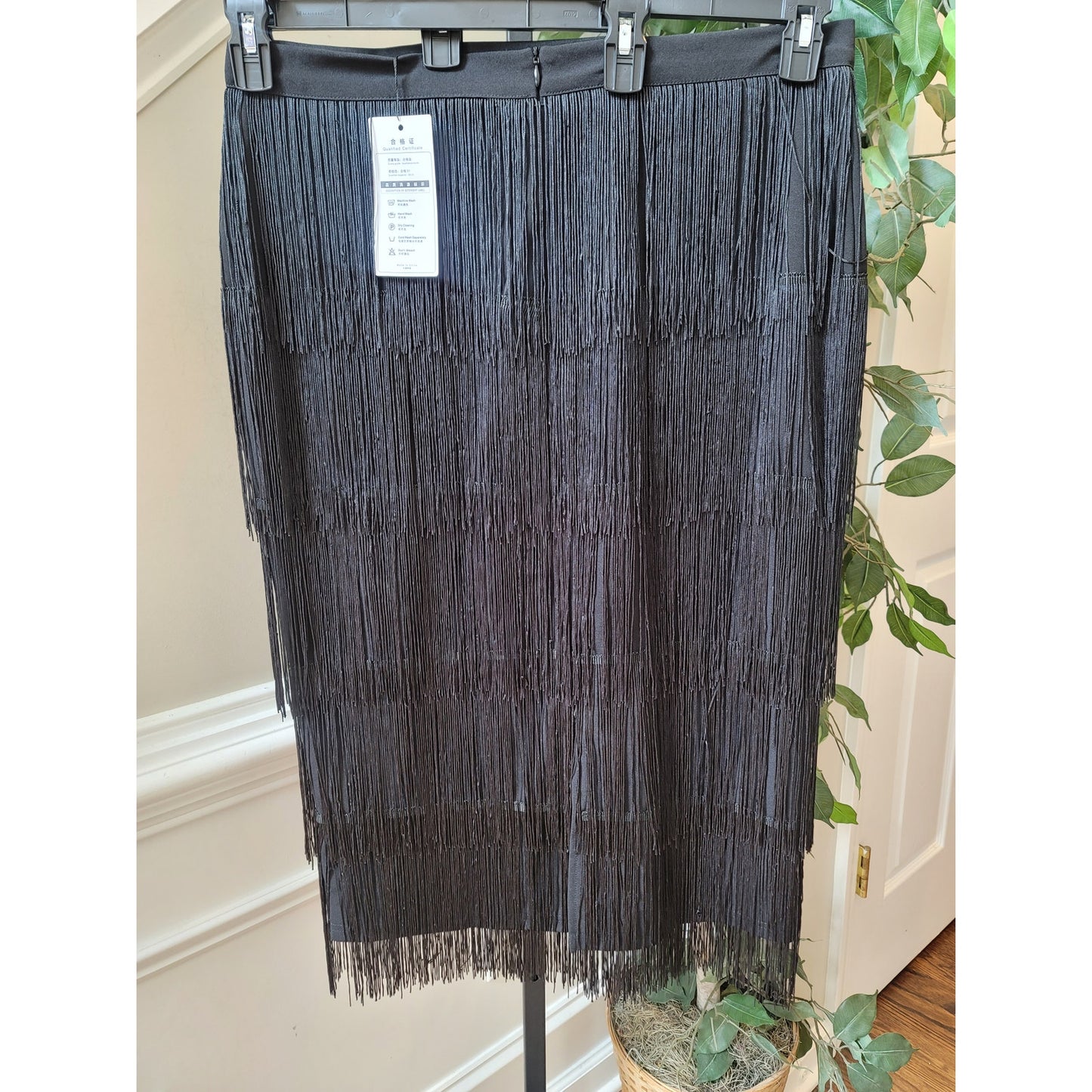 AOMEI Skirt Women's Size L Black Fringed Dance Midi Pleated Stretch Polyester