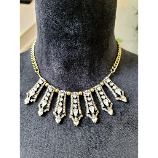 Lulus Art Deco Rhinestone Statement Necklace Gold Tone Crystal Bib Collar