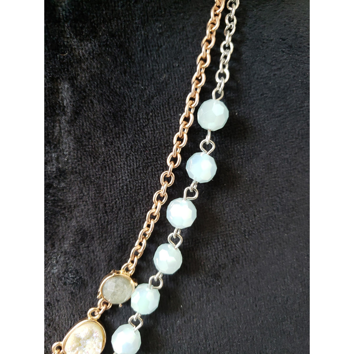 Lobster Clasp Double Chain Necklace with Druzy and Blue Faceted Beads