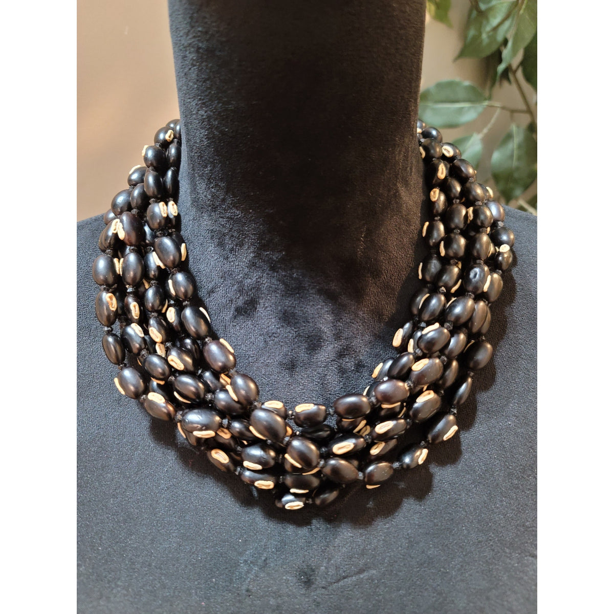Women's Multi Strand Black Seed Bead Necklace With Loop Button Closure