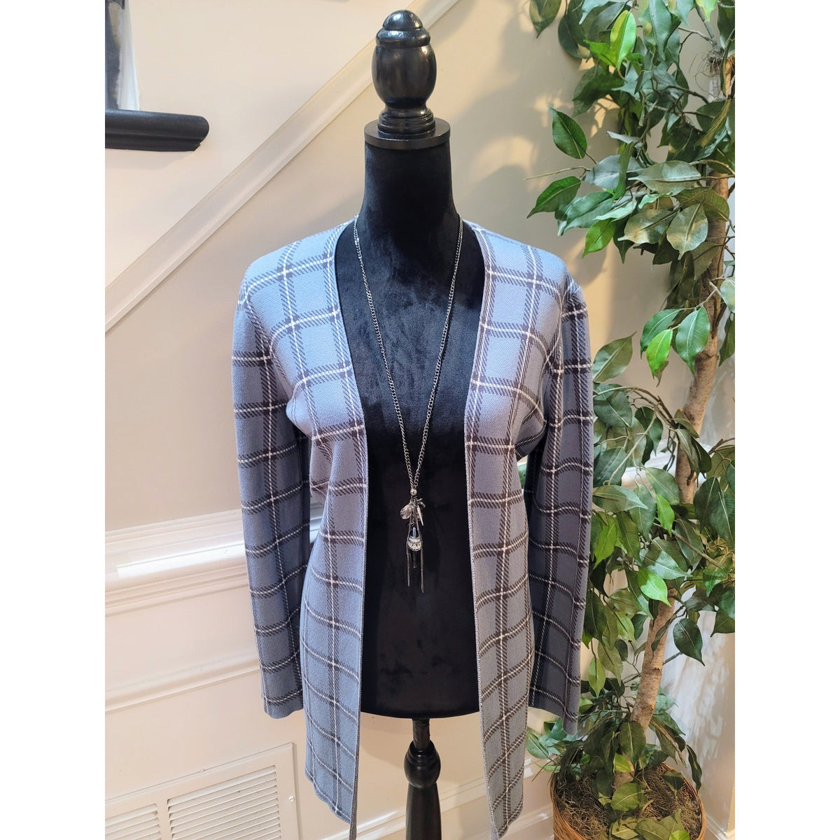 Loft Cardigan Sweater Women's Medium Blue Windowpane Plaid Longline Open Front