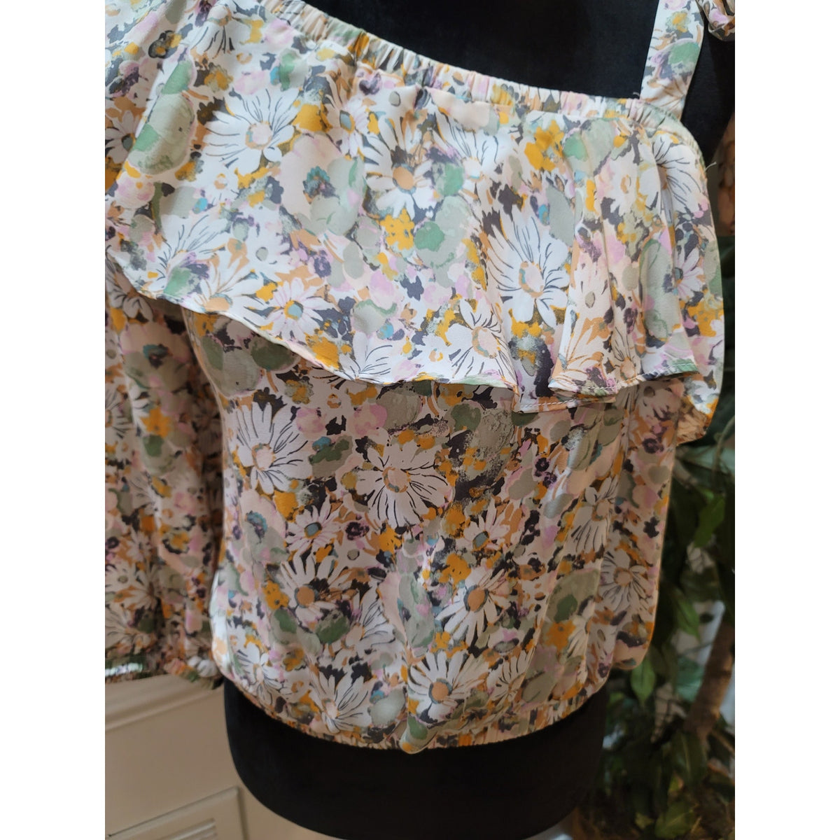 Lauren Conrad Blouse Top Womens Medium Multicolor Floral One Shoulder Ruffle Tie