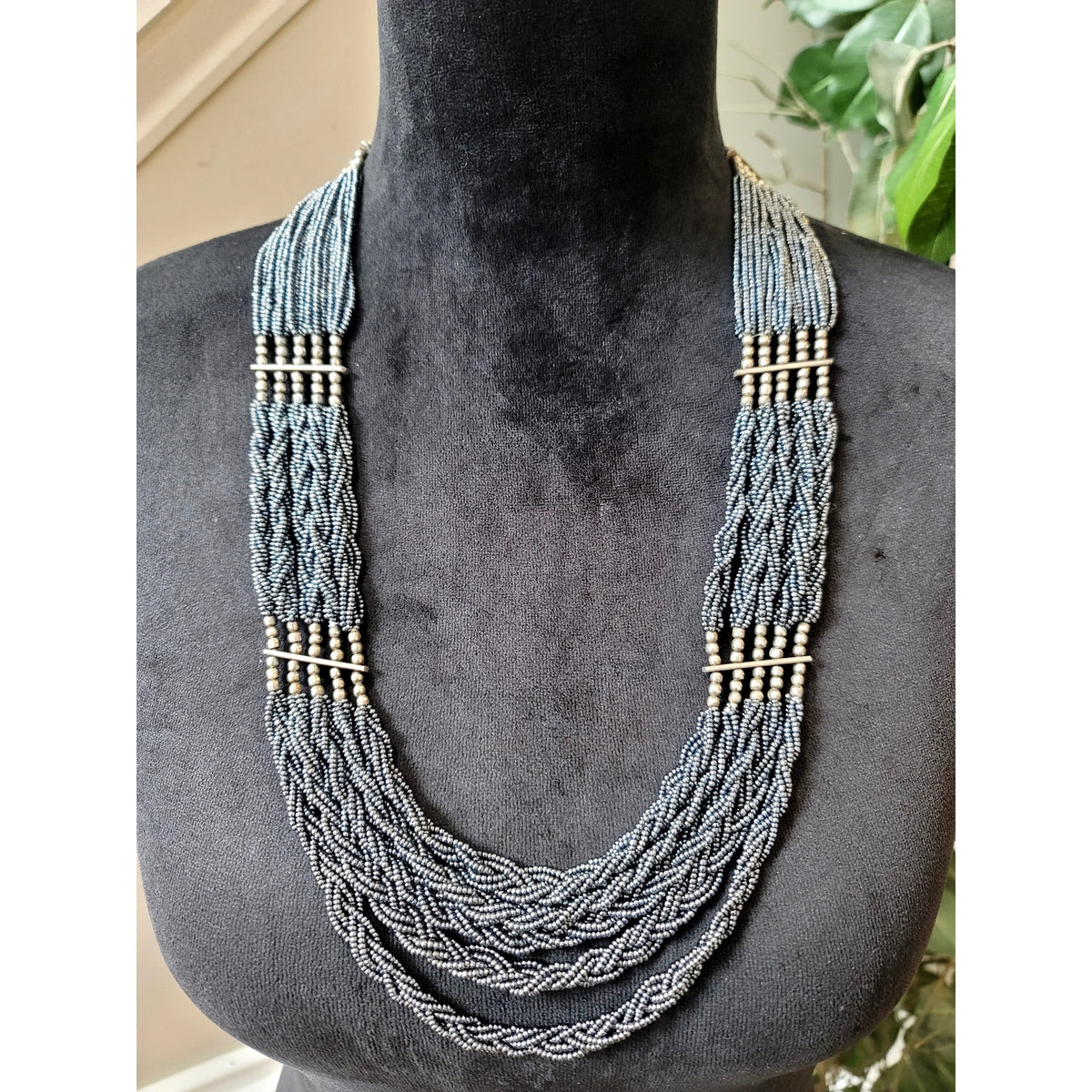 Gray Multi Strand Seed Bead Statement Necklace Gold Tone Accents