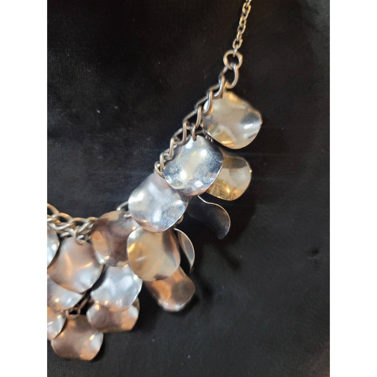 Women's Silver Tone Statement Bib Necklace Layered Hammered Discs Chain