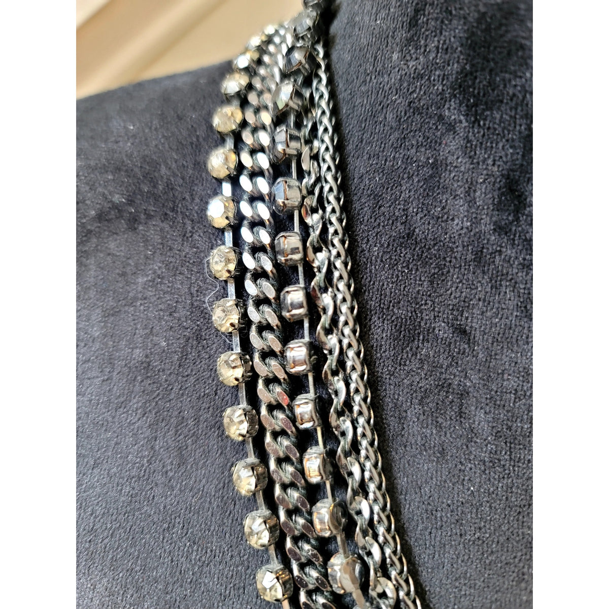 Gunmetal Multi-Strand Chain Necklace with Crystal Beads Layered Statement Bib