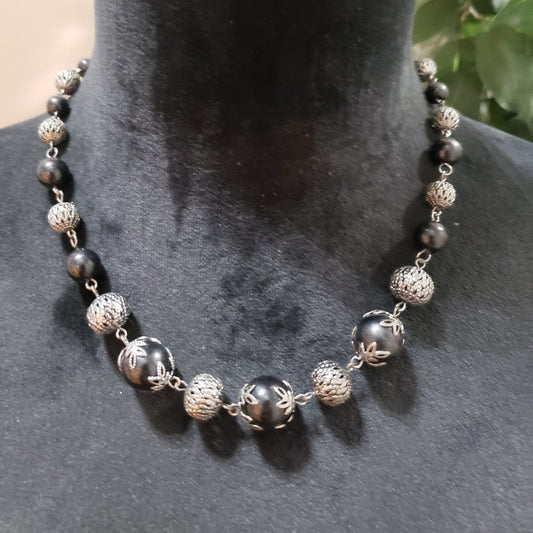 Women Fashion Black Rhinestone Beaded Silver Charm Collar Necklace w/ Lobster