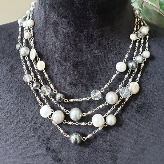 Women 4 Strand Silver Tone Silver Balls Faceted Smokey Bead Cable Chain Necklace