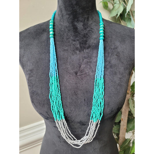 Women Beaded Multi-Strand Necklace Turquoise Green Silver Accents Lobster Clasp