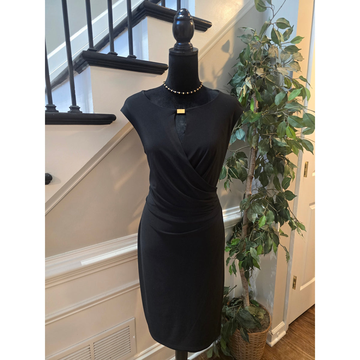 Lauren Ralph Lauren Cocktail Dress Women SZ 14 Black Faux Wrap Boat Neck Keyhole