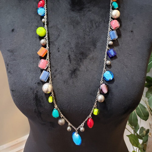 Women Silver Tone Multicolour & Shape Glass Necklace Jewelry w/ Lobster