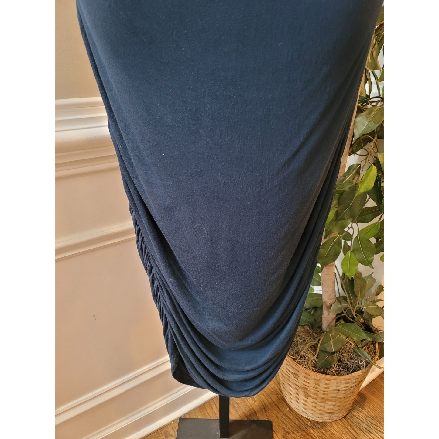 ASOS Midi Dress Womens Size 12 Navy Blue Ruched Waist Stretch Bodycon Elegant