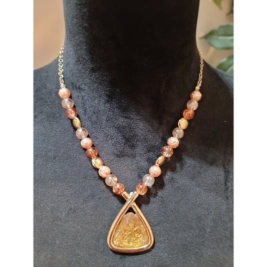 Women's Beaded Necklace With Golden Triangle Pendant And Lobster Clasp Lock