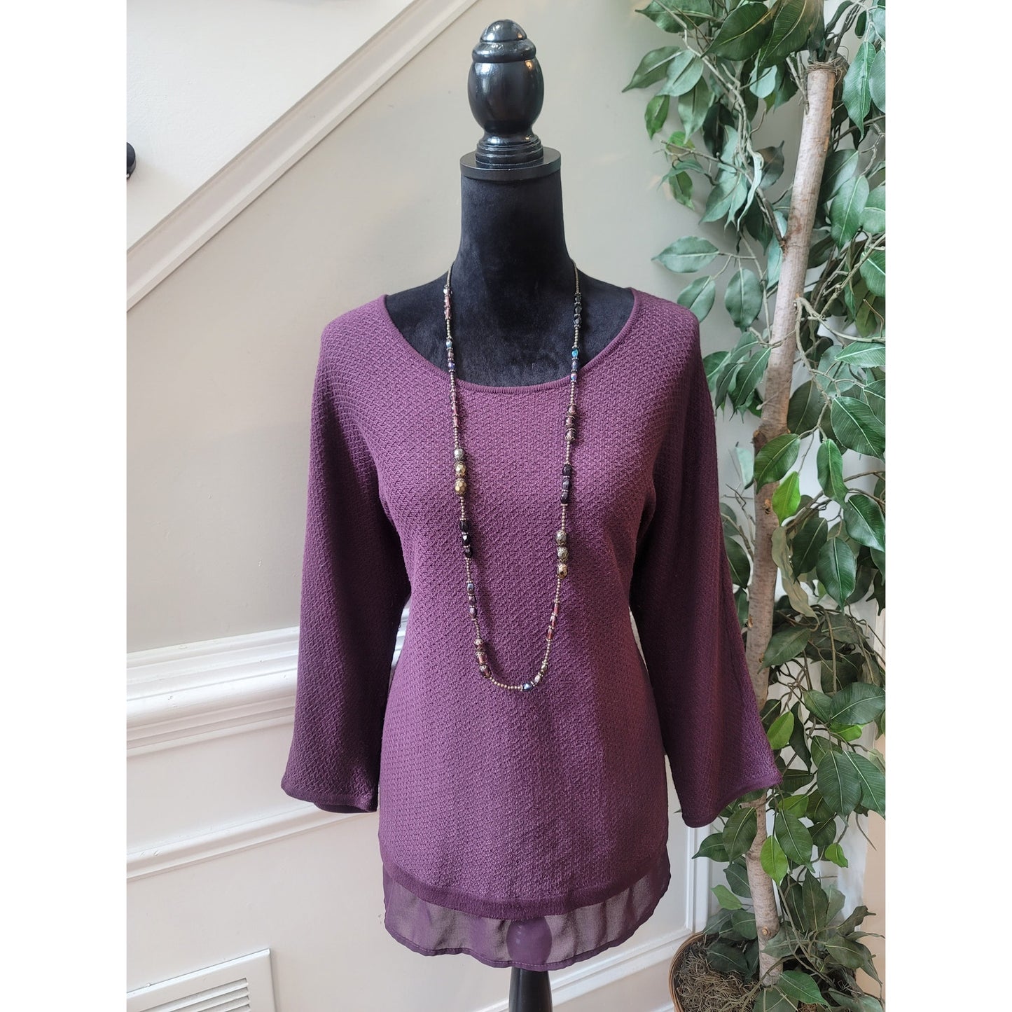 Chico's Sweater Women's Size 2 Large Purple Sheer Hem Knit Stretch Long Sleeve