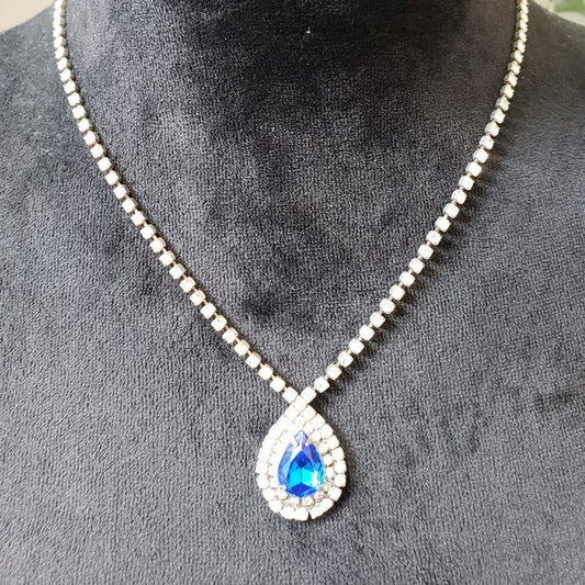 Womens Silv Plated Blue Zircon Rhinestone-encrusted Chain Necklace w/ Snap Clasp