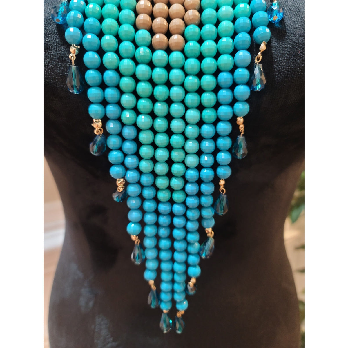 Womens Statement Beaded Necklace Brown Turquoise Layered Bib Design Lobster Lock