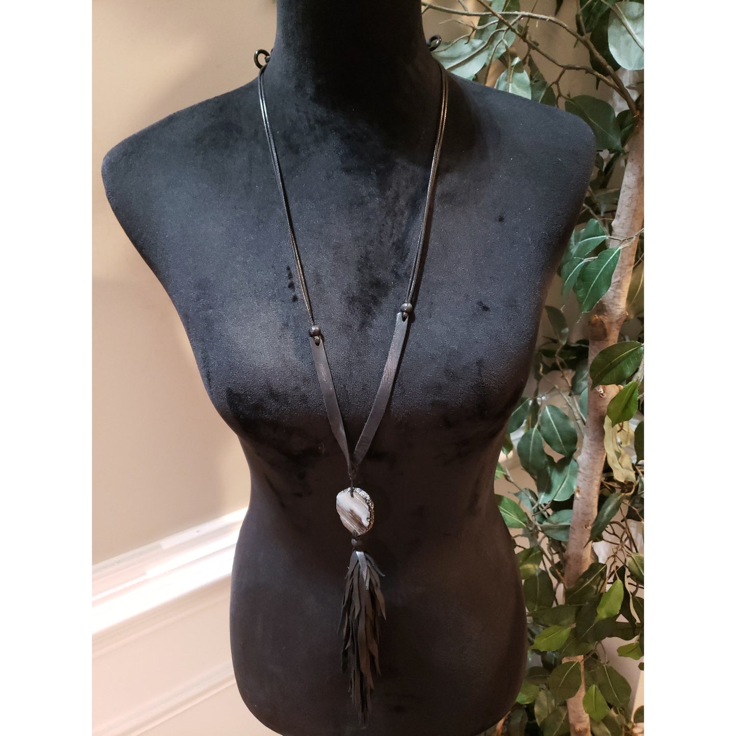 Womens 2 Strand Cord White Agate Stone Leather Tassel Charm Pendant Necklace