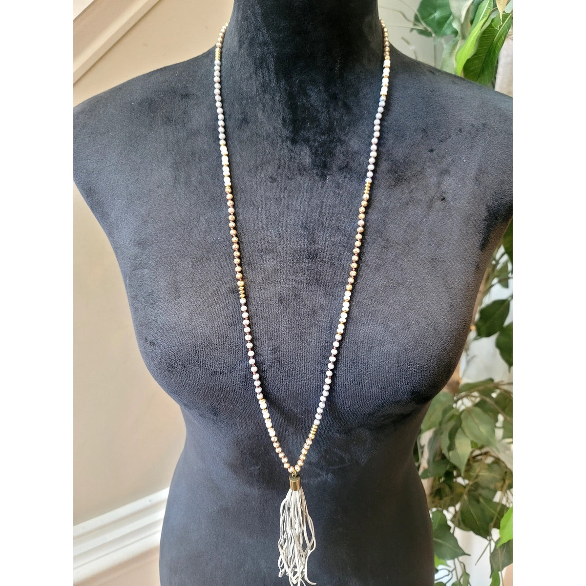 White & Gold Beaded Tassel Necklace Long Strand Boho Layered Statement 32"