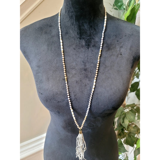White & Gold Beaded Tassel Necklace Long Strand Boho Layered Statement 32"