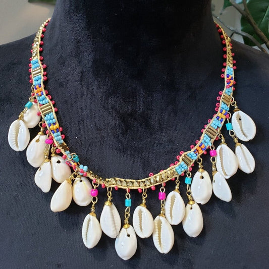 Womens Gold Tone Multi Seed Beads Cowrie Seashell Necklace Jewelry w/ Lobster