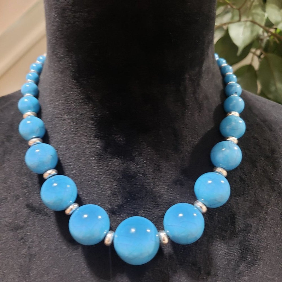 Women's Blue Round Shape Beaded Statement with Lobster Clasp Necklace