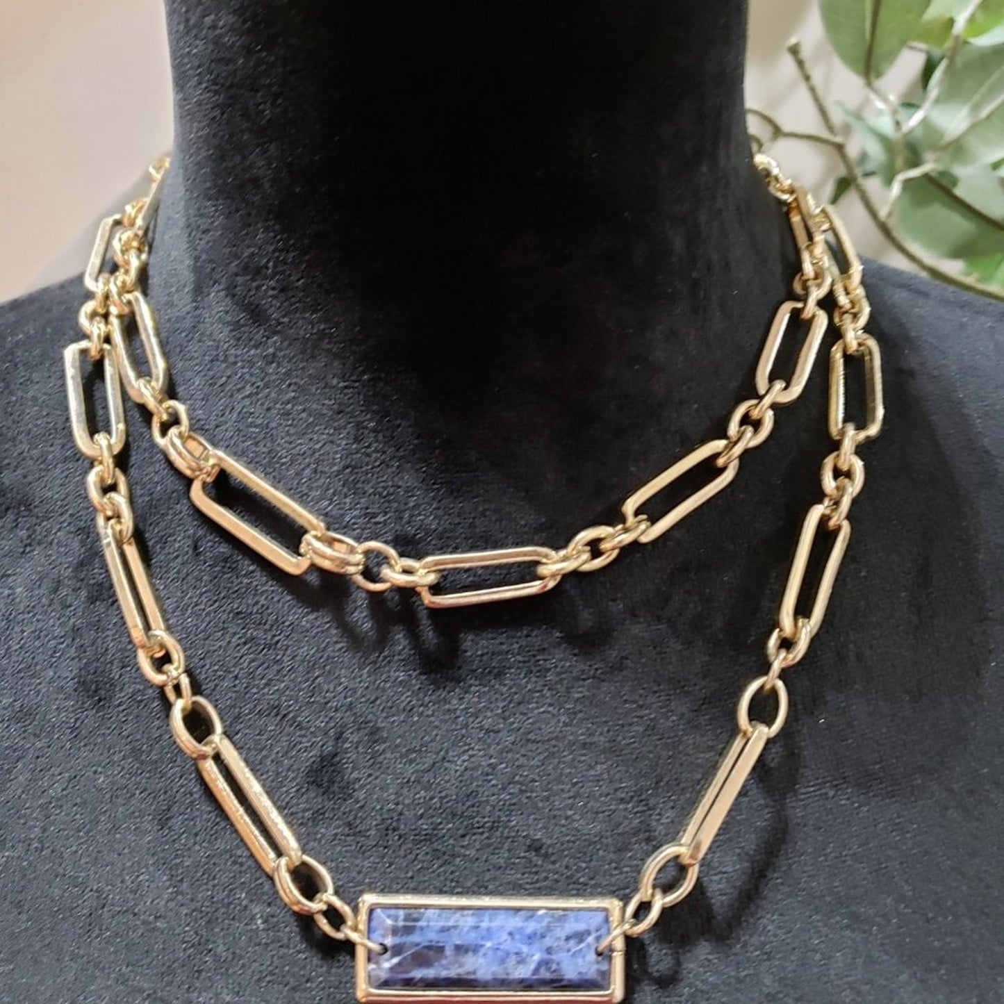 Womens Gold Tone Bugle Link Purple Glass Bead Collar Necklace with Lobster Clasp