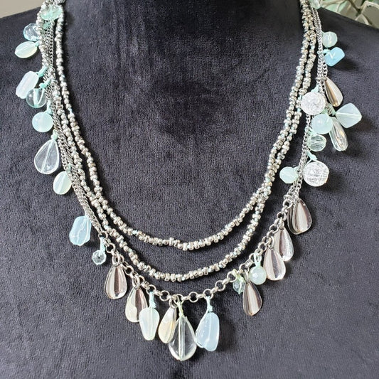 Women's Silver Tone 3 Strand Seed Bead Crystal Tear Drops Necklace w/ Lobster