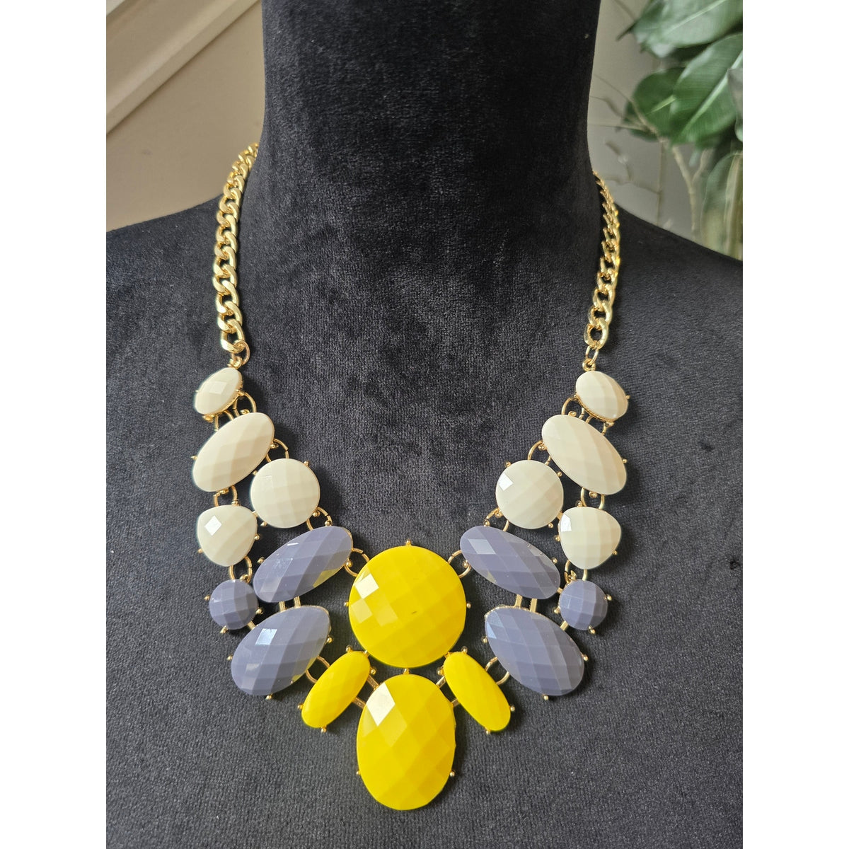 Bright Yellow Gray White Faceted Geometric Beaded Gold Tone Bib Necklace