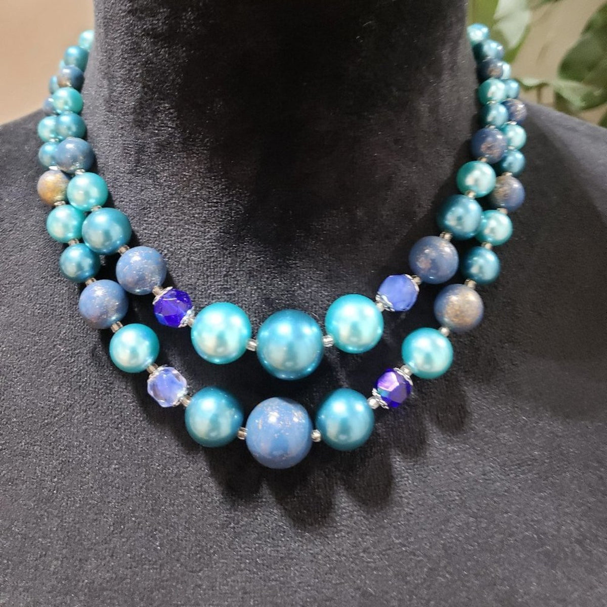 Womens Fashion Double Strand Pearl Rhinestones Beaded Necklace with Hook Clasp