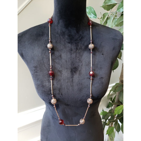 Long Necklace Red Faceted Beads Filigree Metal Balls Lobster Clasp Boho