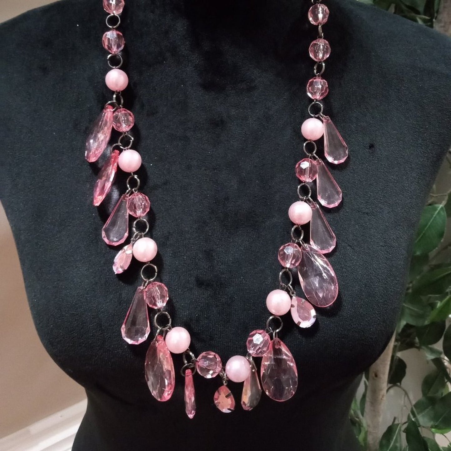 Womens Fashion Elegant Pink Rhinestone Beaded Long Necklace with Lobster Clasp
