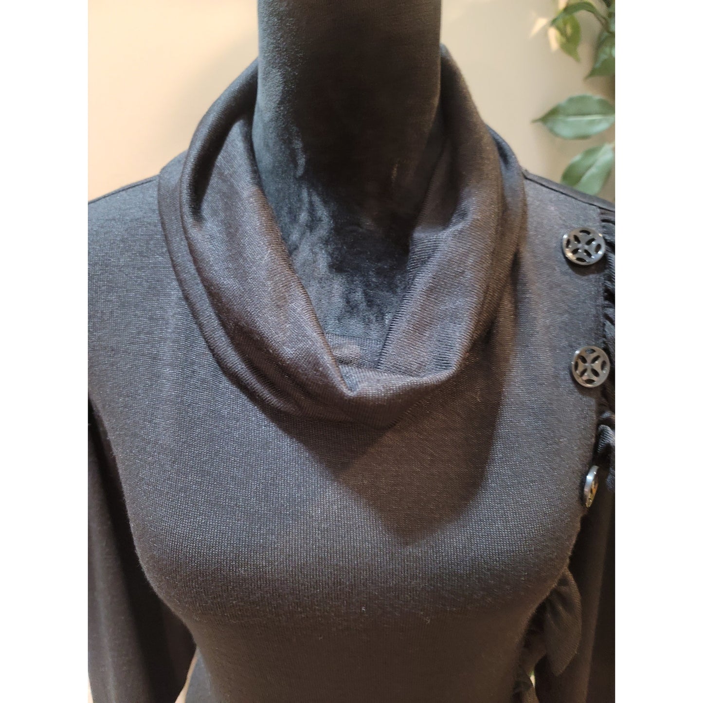 Multiples Sweater Women's Large Black Cowl Neck Long Sleeve Ruffle Hem Stretch