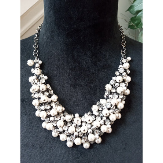 White Faux Pearl Multi Strand Statement Necklace Black Crystal Cluster Bib Collar