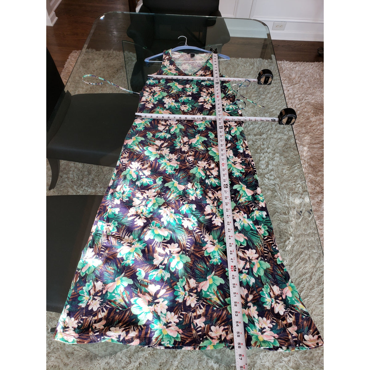 H&M S Floral Print Sleeveless Belted Maxi Dress Black Green
