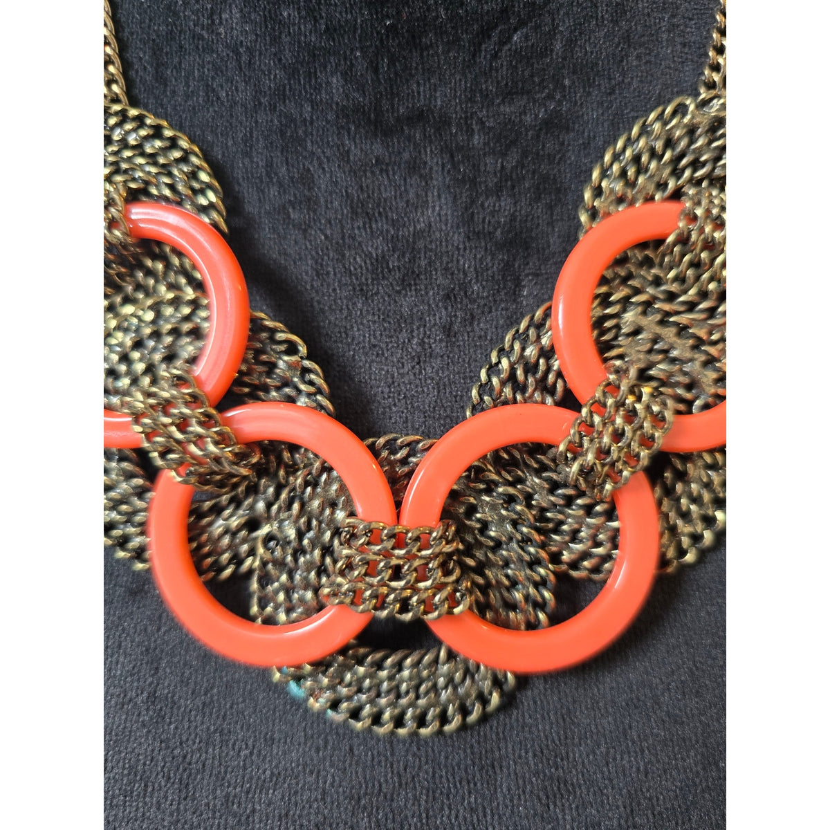 Coral Orange Gunmetal Gray Chunky Interlocking Chain Link Bib Necklace
