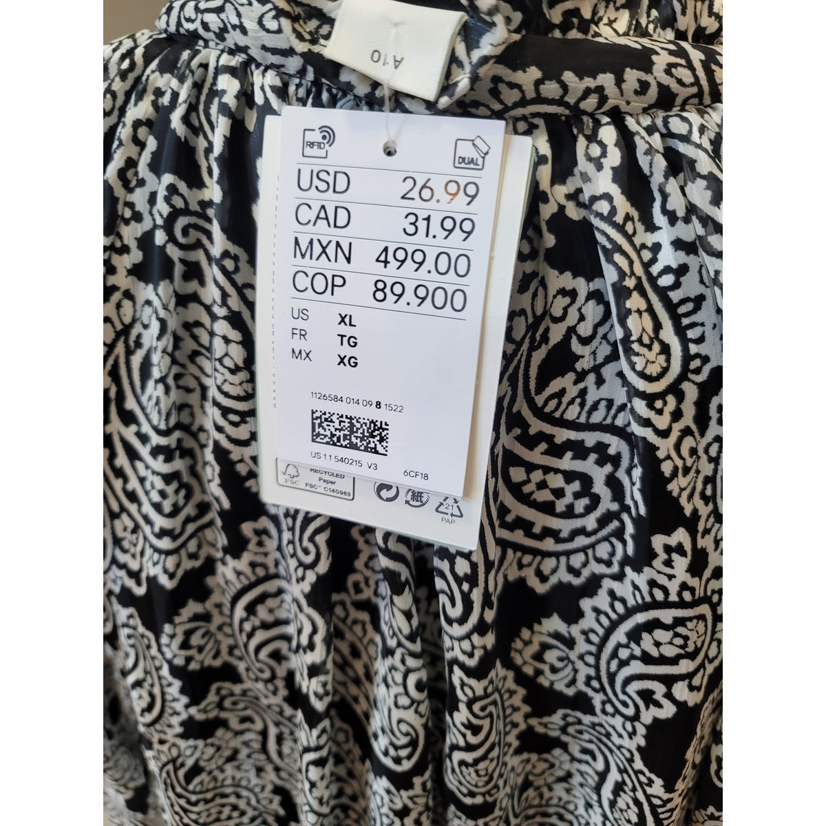H&M Top XL Black White Paisley Ruffle Tie Split Neck Raglan Sleeve Casual Party