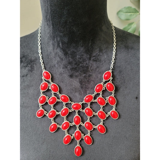 Women's Statement Red Oval Bib Necklace Lobster Clasp Fashion Jewelry