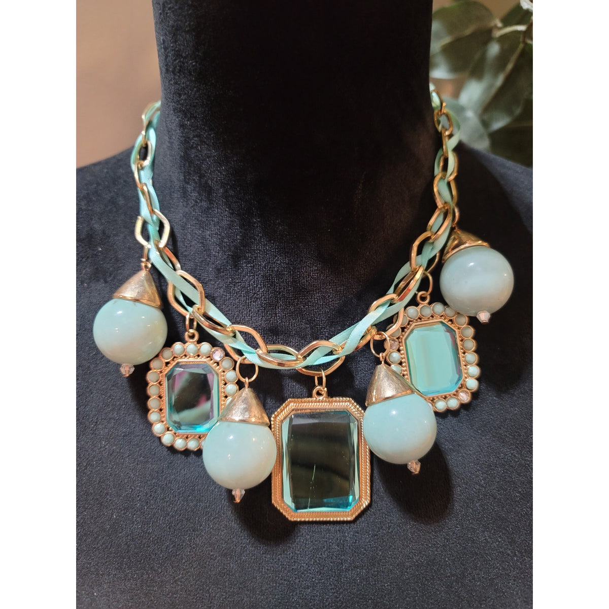 Women's Statement Chunky Bib Necklace With Blue Beads And Rectangular Gemstones