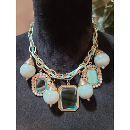 Women's Statement Chunky Bib Necklace With Blue Beads And Rectangular Gemstones