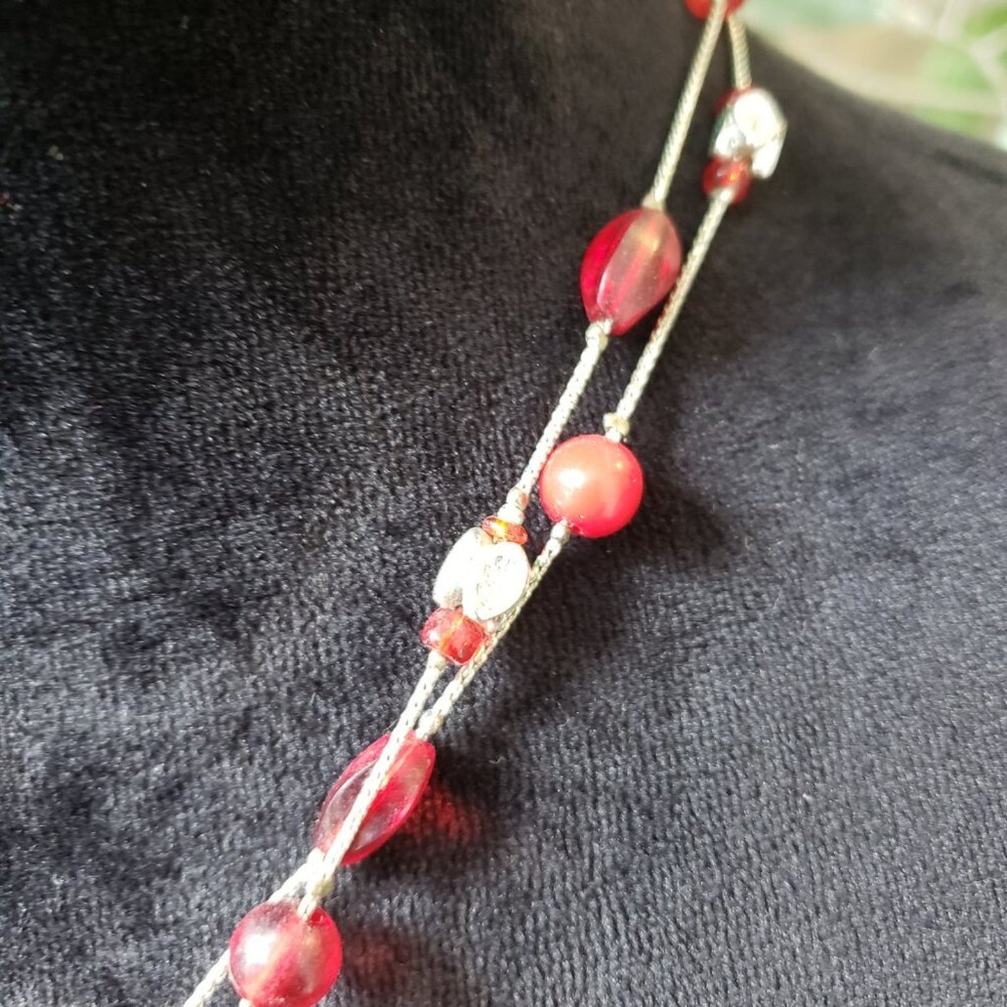 Womens Fashion Red Resin Stone Pearl Beaded Necklace Jewelry with Lobster Clasp