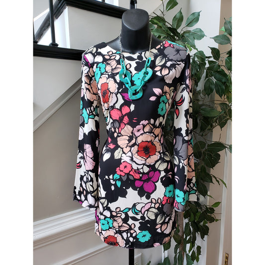 Express Shift Dress Women Size 4 Multi Floral Lined Long Sleeve Keyhole Back Zip