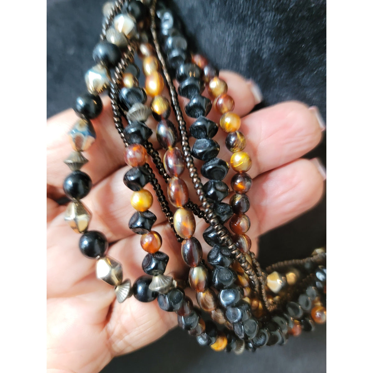 Chico's Women's Multi Strand Beaded Necklace Black Brown Gold Tones Lobster Clasp
