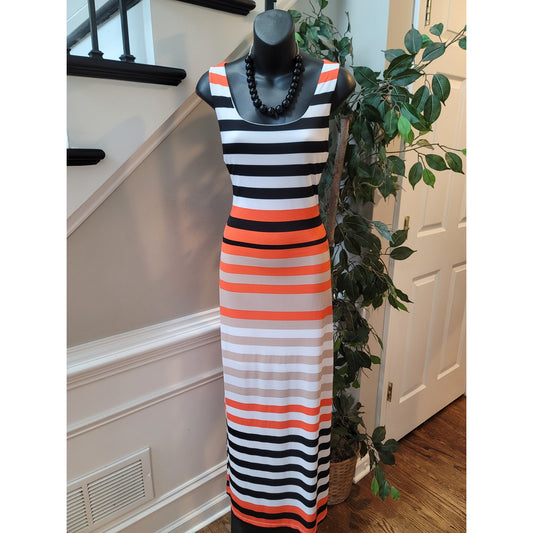 Jessica Howard Maxi Dress Women’s Small Black Orange White Striped Sleeveless