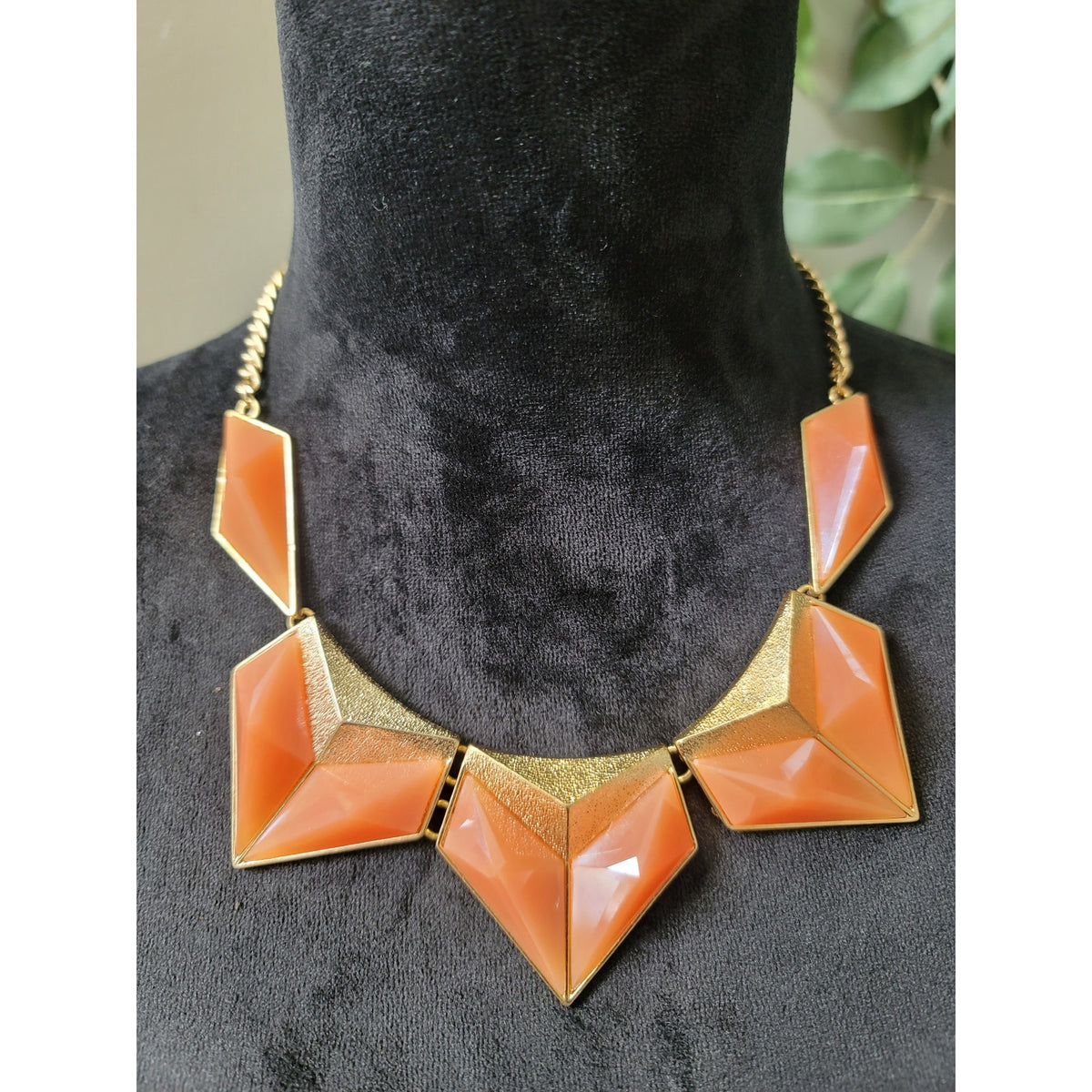 Women's Statement Necklace and Earrings Set Coral Orange Geometric Gold Tone