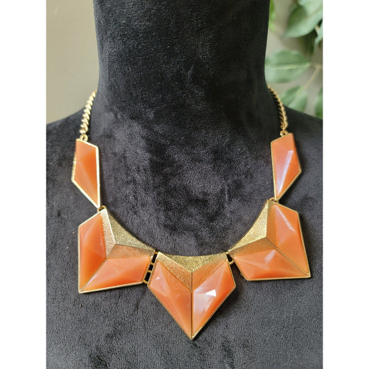 Women's Statement Necklace and Earrings Set Coral Orange Geometric Gold Tone
