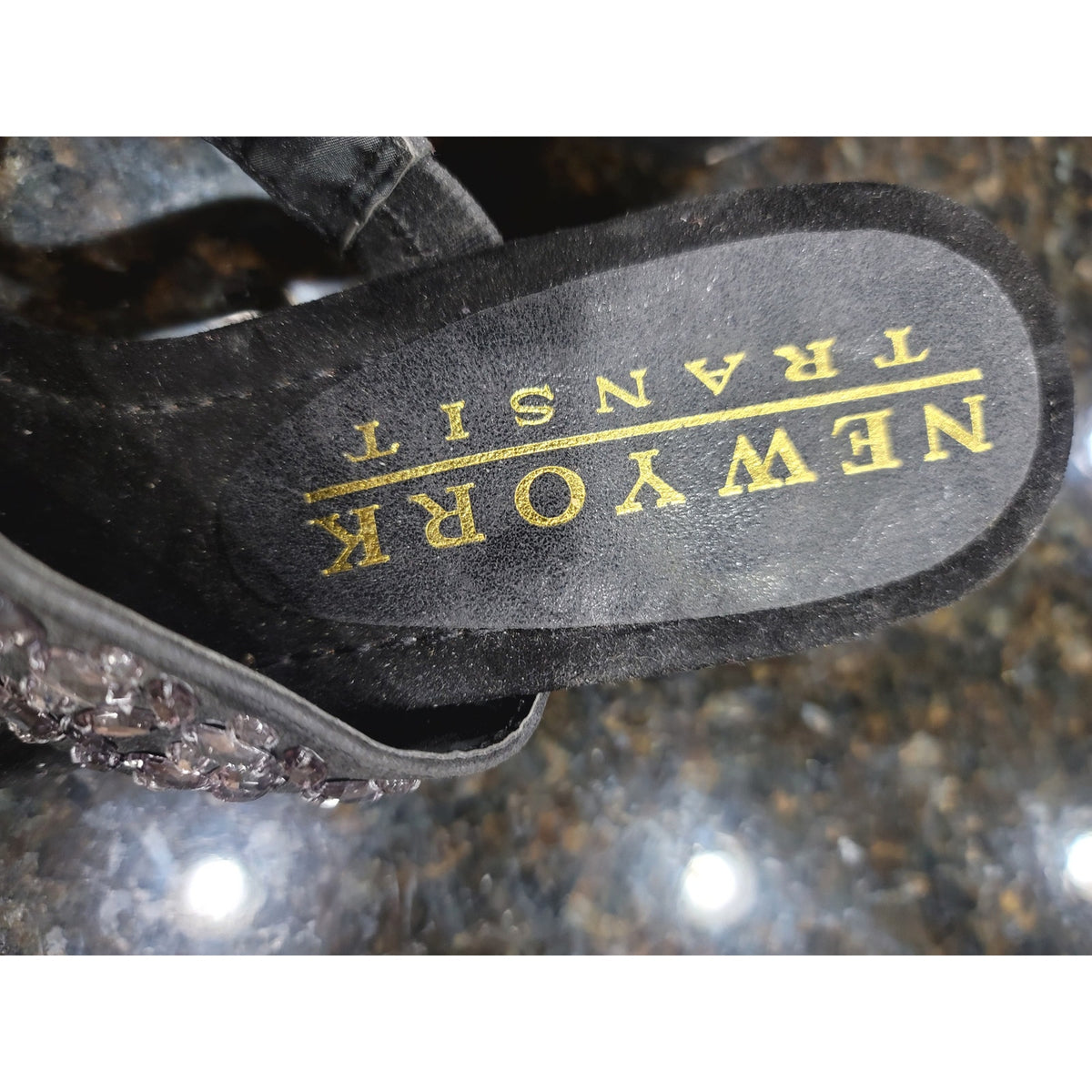 New York Transit Bling Wedge Sandals Womens Size 8M Black Crystal Stone Slip On