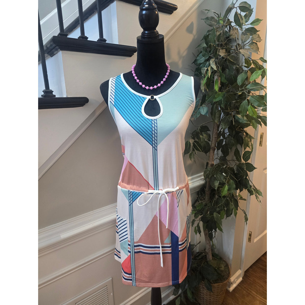 Saukole Mini Dress Women 2XL Multicolor Geometric Drawstring Waist Keyhole Neck