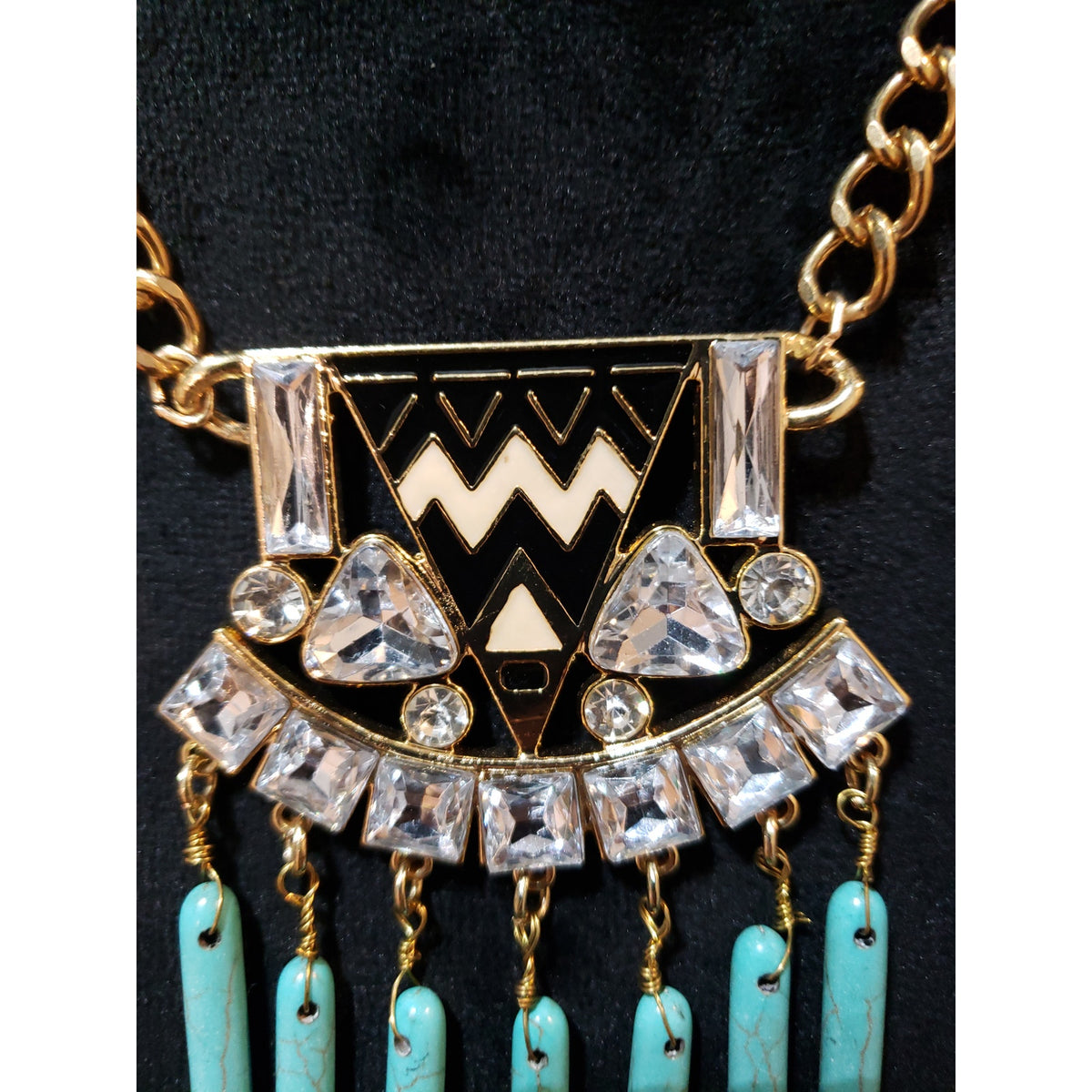 Southwestern Gold Tone Faux Turquoise Black Cream Enamel Rhinestone Necklace