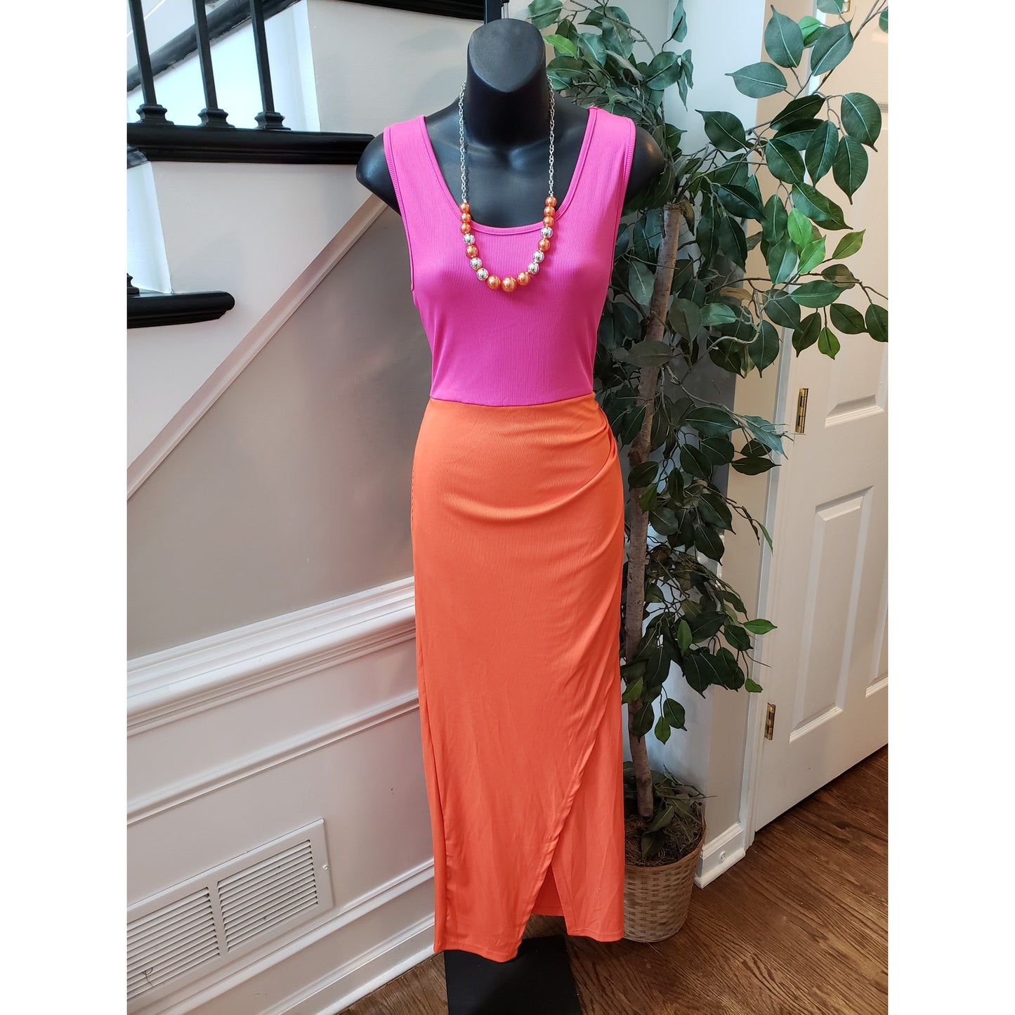 SHEIN Bodycon Dress Womens M Pink Orange Two Tone Ribbed Sleeveless Round Neck