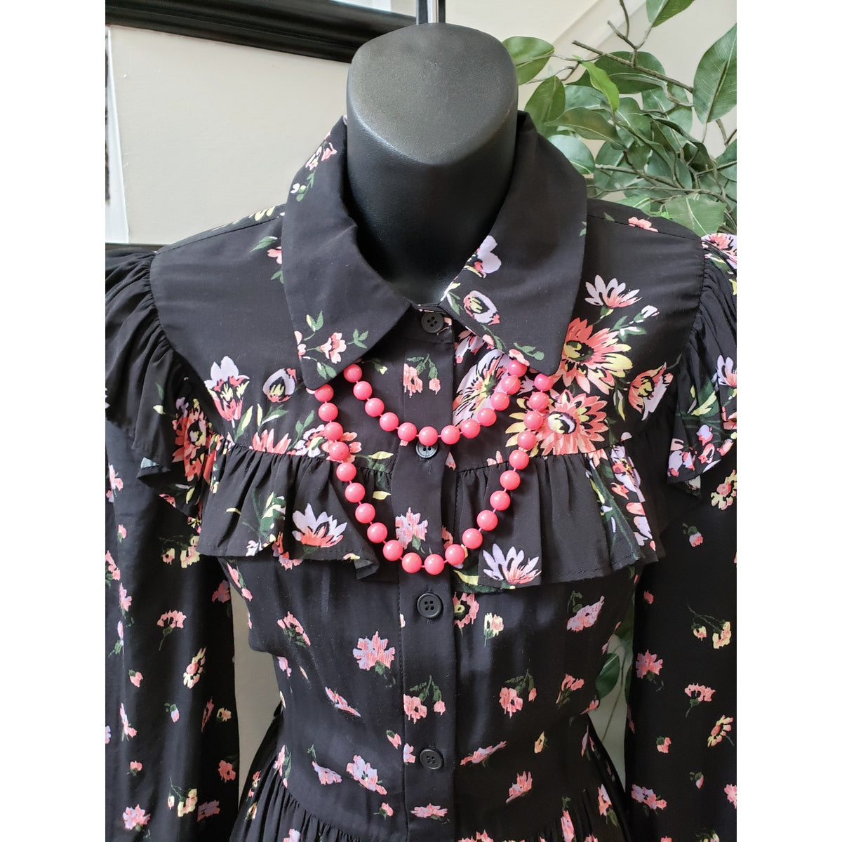 Jill Stuart Shirt Dress Women XS Black Floral Ruffle Pleated Collar Button Front